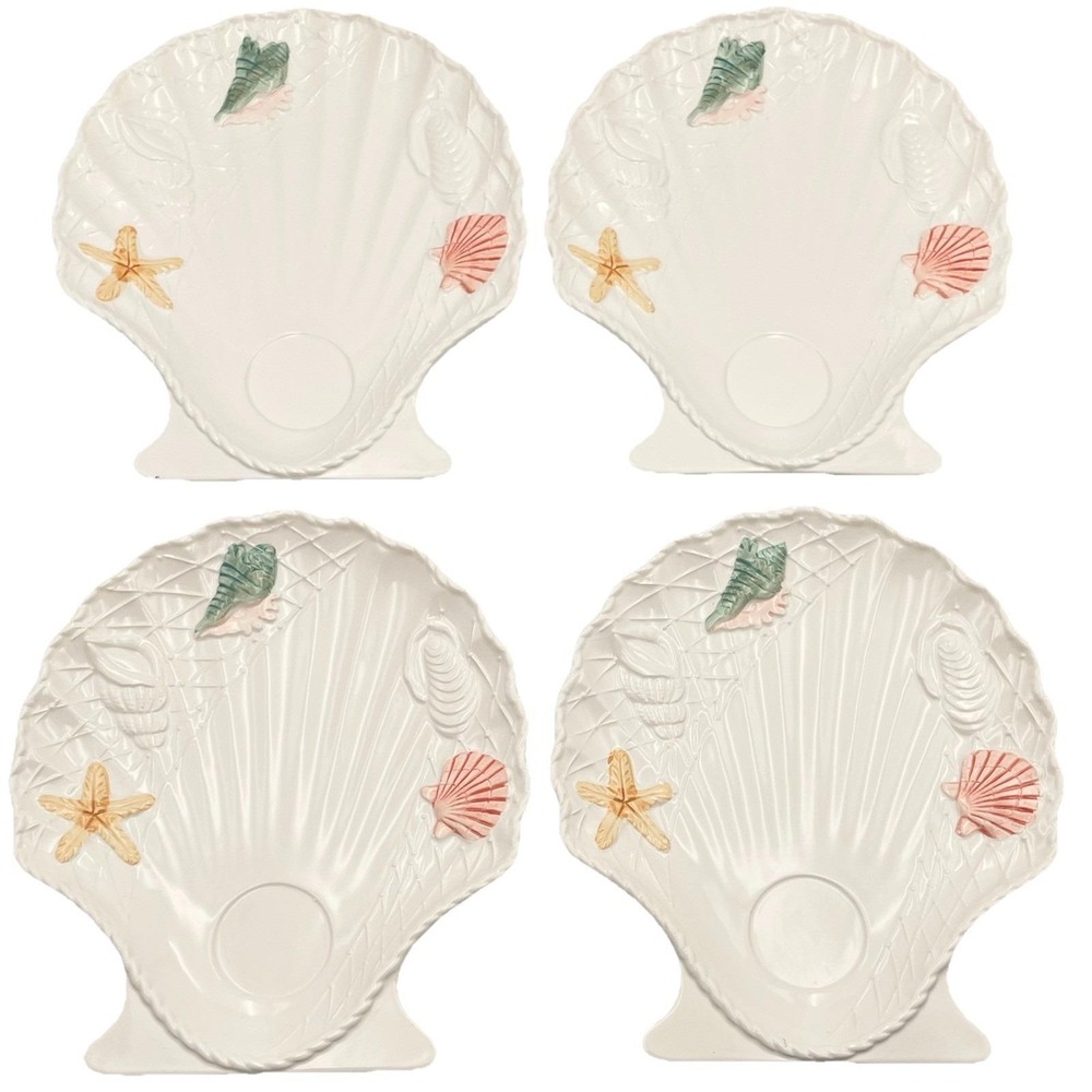 Vintage 1980s Himark "Sea Catch" Seashell Mug Holders Plates Set‎ of 4 Japan